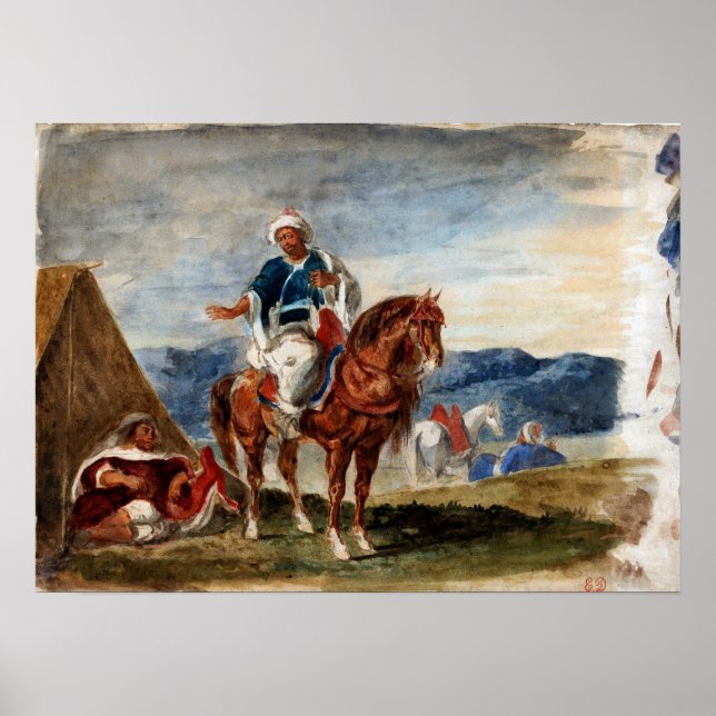 Delacroix - Tre arabiska horsperma på ett camping Poster (Framsidan)