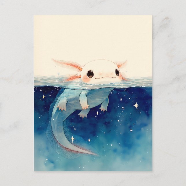 Delad Vatten Stjärnig Indigo Kawaii Axolotl Vykort (Framsida)