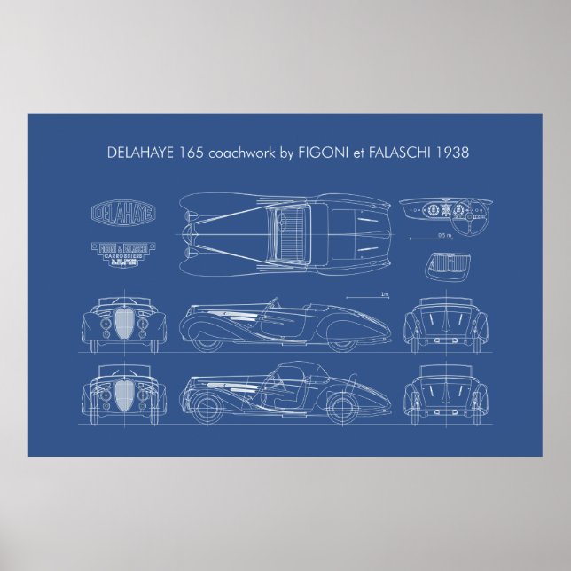 Delahaye 165 Figoni et Falaschi Blueprint Poster (Framsidan)