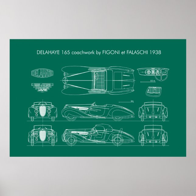 Delahaye 165 Figoni et Falaschi Blueprint Poster (Framsidan)