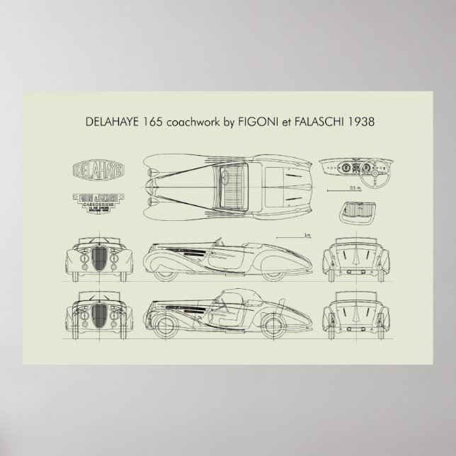 Delahaye 165 Figoni et Falaschi Blueprint Poster (Framsidan)