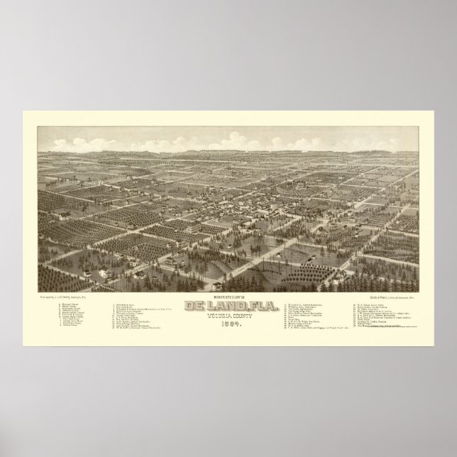 DeLand, FL Panoramic Karta - 1884 Poster (Framsidan)