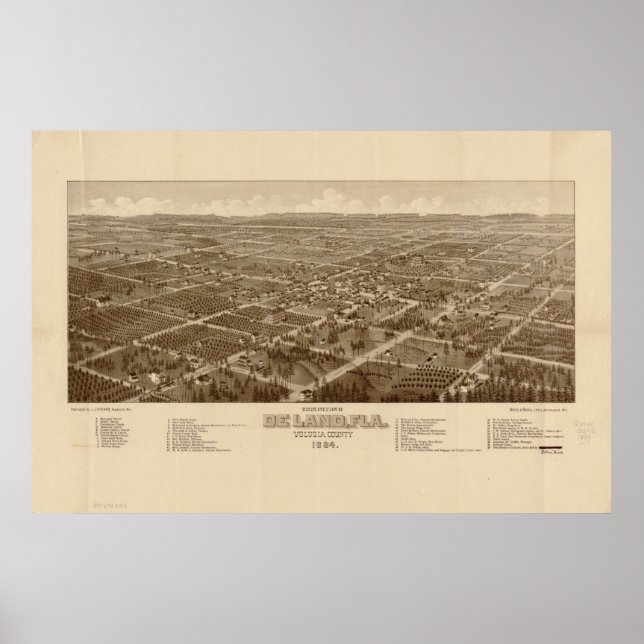 DeLand Florida 1884 Antique Panoramic Karta Poster (Framsidan)