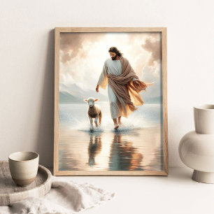 Delat mirakel, Jesus och lamm, kristen målning Poster