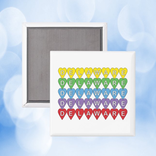 Delaware Hearts Colorful Mönster Magnet (A magnet with yellow, green, blue, purple and red hearts that spell out Delaware.)