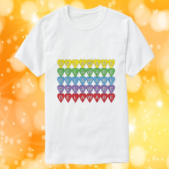 Delaware Hearts Colorful Rainbow T Shirt (A shirt with yellow, green, blue, purple and red hearts that say Delaware)