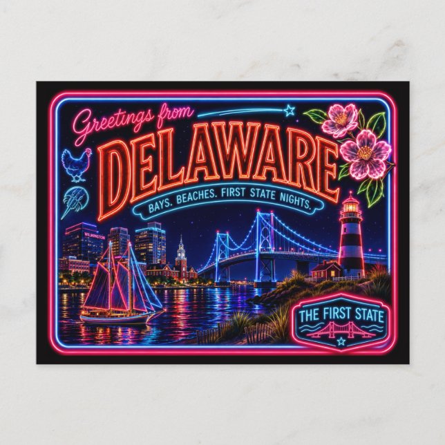 Delaware Neonstat Retro Vintage Vykort (Framsida)