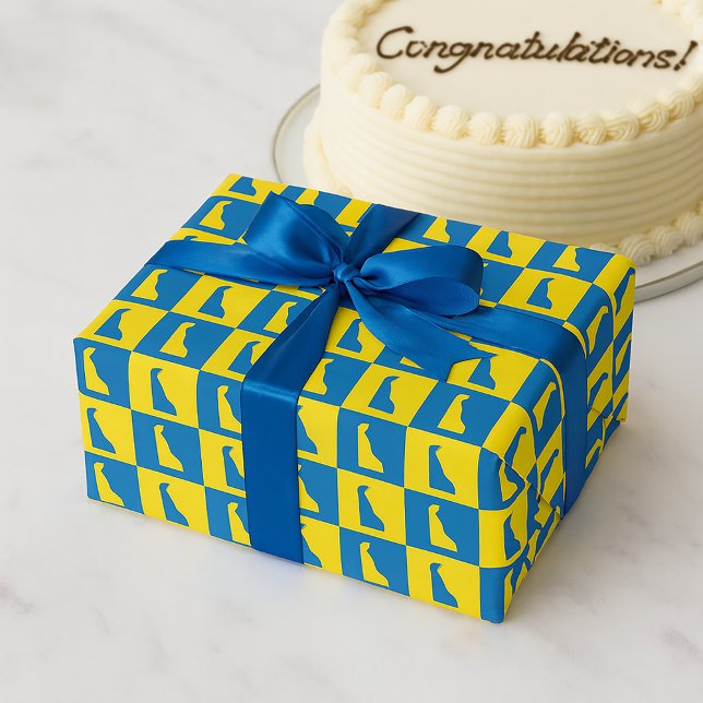 Delaware Pop Art Blå Gul Guld Mönster Presentpapper (Wrapping paper with a blue and yellow gold pattern of the US state of Delaware.)