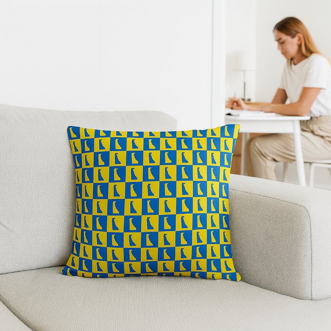 Delaware Pop Art-rutmönster Blå Gul Guld Kudde (A throw pillow with a blue and gold pattern of Delaware)
