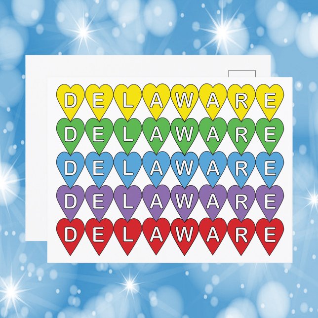 Delaware Rainbow Hearts Vykort (A postcard featuring yellow, green, blue, purple and red hearts wit hthe word Delaware.)
