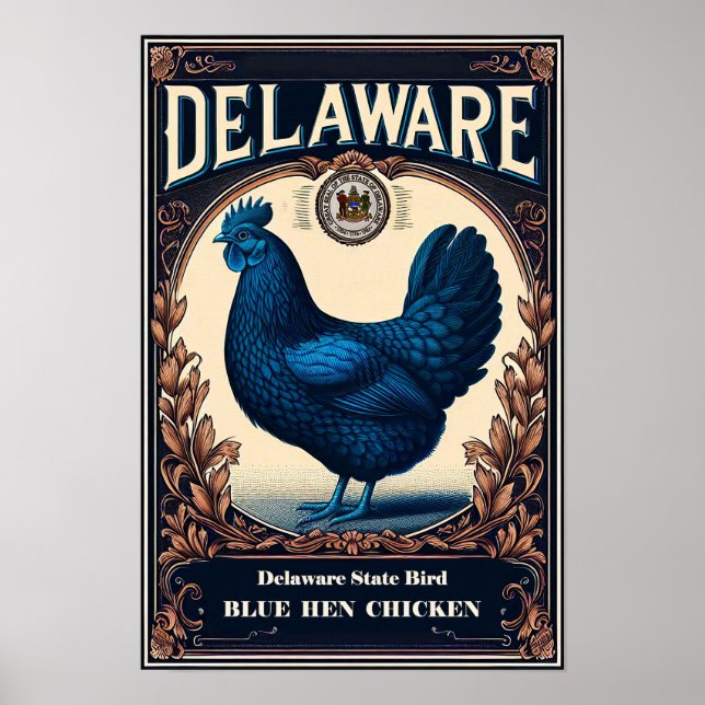 Delaware Statens Fågel - Blue Hen Chicken Vintage Poster (Framsidan)