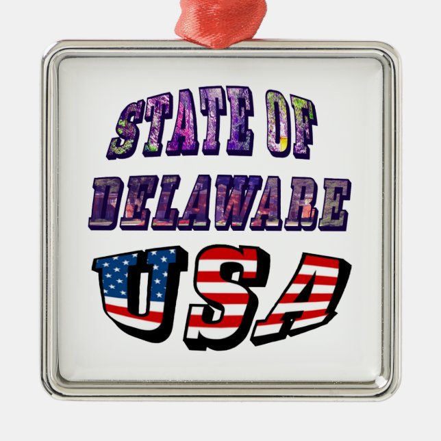 Delaware USA Photo & Flagga Text Julgransprydnad Metall (Framsidan)