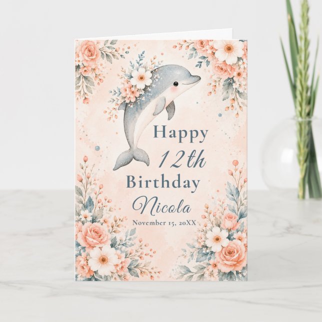 Delfin Födelsedag Blommor Kort (Framsida)