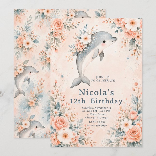 Delfin Födelsedagsblomma Inbjudningar (Fram/baksida)