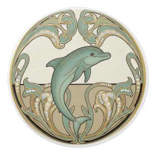 Delfin Grön Kräm & Guld Art Deco Nouveau Ocean Knopp
