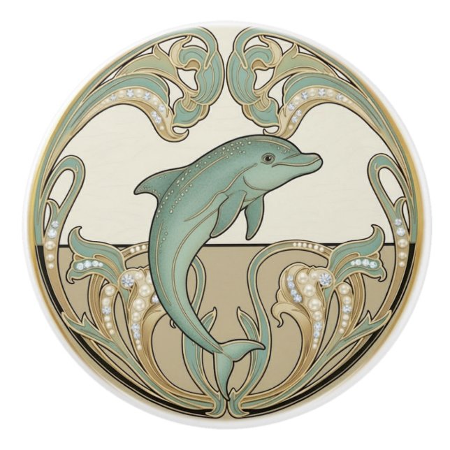 Delfin Grön Kräm & Guld Art Deco Nouveau Ocean Knopp (Framsidan)