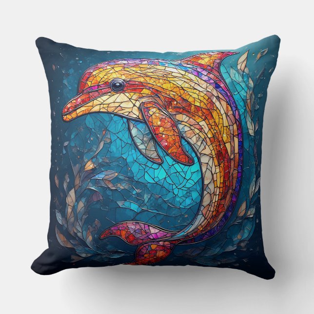 Delfin i intrikat konstglas konstnärlig stil kudde (Framsida)