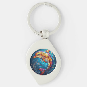 Delfin i intrikat konstglas konstnärlig stil swirl silverfärgad nyckelring