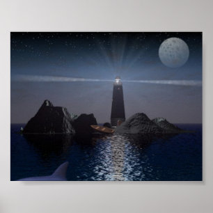 Delfin och fyr på natten poster