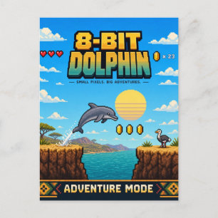 Delfin, Retro 8-Bit Pixel Art Vykort