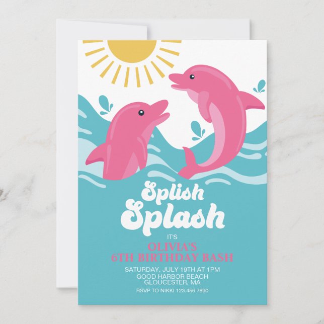 Delfin Rosa och Lila Födelsedag Inbjudningar (Framsida)