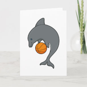 Delfin som basketbollspelare med basketboll kort