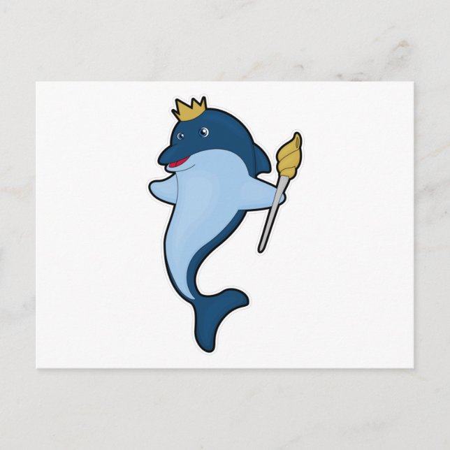 Delfin som kung med stav & krona vykort (Framsida)