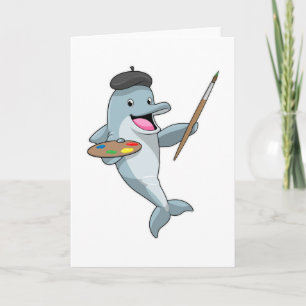 Delfin som målare med pensel & färg kort