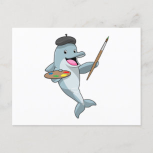 Delfin som målare med pensel & färg vykort