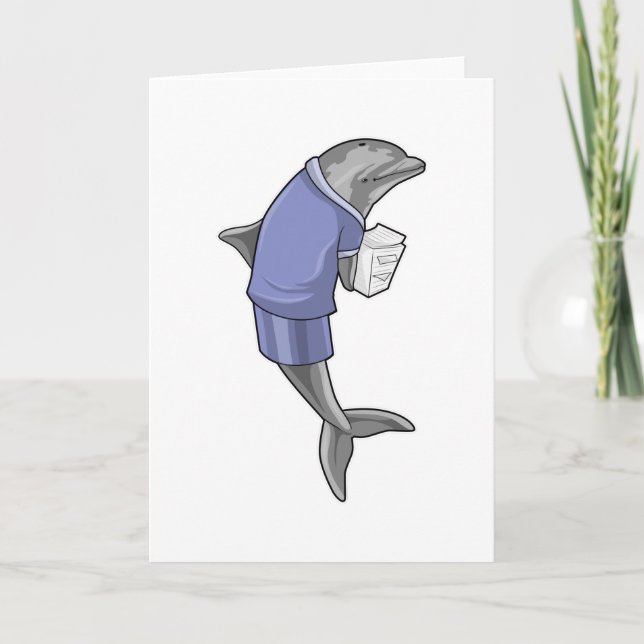 Delfin som sekreterare med hög med papper kort (Framsida)