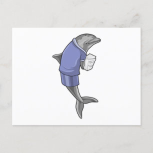 Delfin som sekreterare med hög med papper vykort