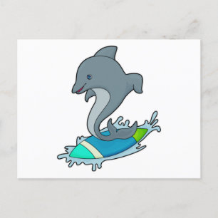Delfin som surfare med surfbräda vykort