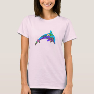 Delfinen skisserar hawaianska solnedgångpalmträd t-shirt