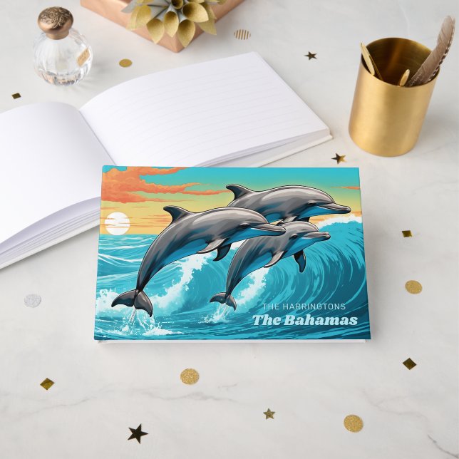 Delfiner för anpassat namn och plats gästböcker (Framsida öppen)
