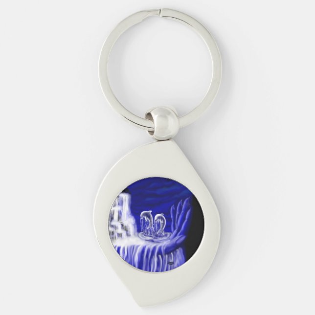 Delfiner, hand i tidningar swirl silverfärgad nyckelring (Framsidan)