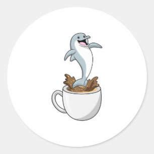 Delfiner med Kopp i kaffe Runt Klistermärke