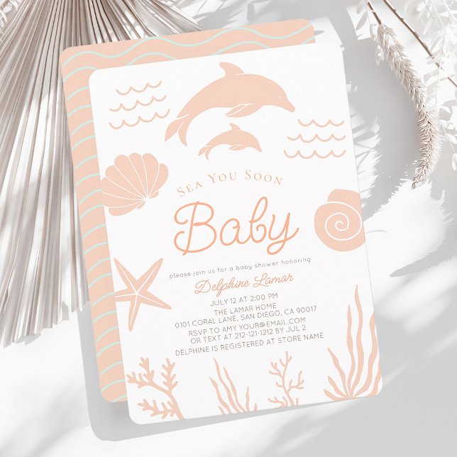 Delfiner och Seashell Sea You Rosa Baby Shower Inbjudningar (Skapare uppladdad)