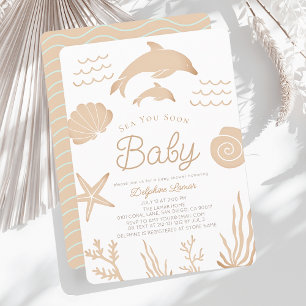 Delfiner och Seashell Sea You snart Tan Baby Showe Inbjudningar