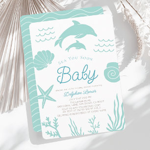 Delfiner och Seashell Sea You Soon Blue Baby Showe Inbjudningar
