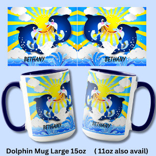 Delfiner och Sol anpassar ditt namn till Blå 15 oz Mugg