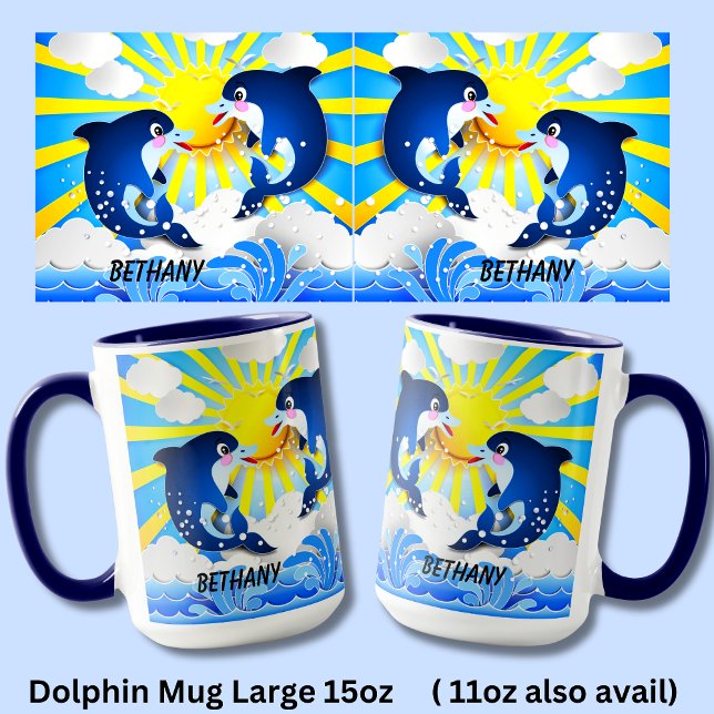 Delfiner och Sol anpassar ditt namn till Blå 15 oz Mugg (Skapare uppladdad)