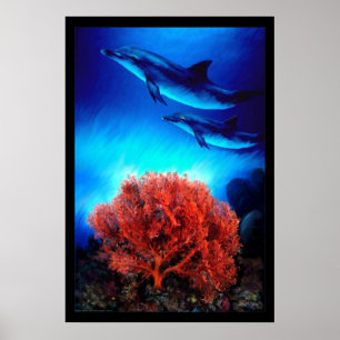 Delfiner över koraller poster