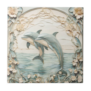 Delfiner par Art nouveau Faux Relief 2-delfiner Kakelplatta