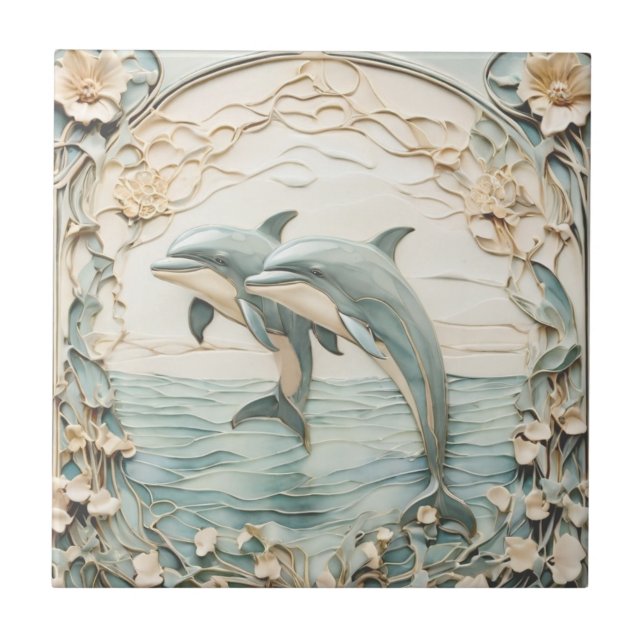 Delfiner par Art nouveau Faux Relief 2-delfiner Kakelplatta (Framsidan)