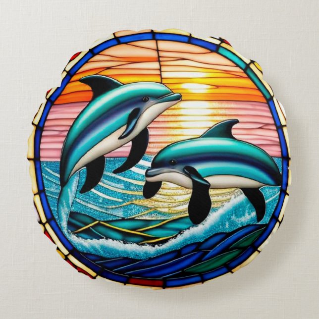🐬 Delfiner Solnedgång Ocean Hopp Kustnära Lugn 🐬 Rund Kudde (Framsidan)