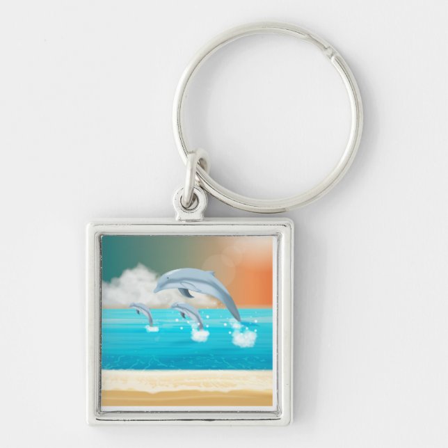 Delfiner som bryter i havet fyrkantig silverfärgad nyckelring (Framsidan)