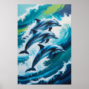 Delfiner som hoppar genom havsvågor Dynamisk marin Poster