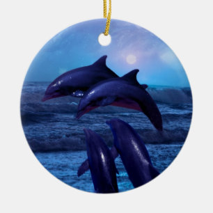 Delfiner som leker i havjulgranen julgransprydnad keramik