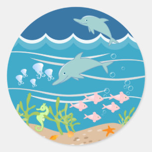 Delfiner som simmar under havet runt klistermärke