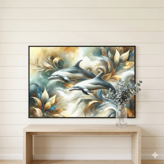 Delfiners Gyllene Botaniska Drömlandskap Canvastryck (Dolphins Golden Botanical Dreamscape Canvas Print Mockup A)